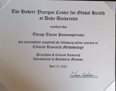 Awarded Certificate to Online Courses in Clinical Research Methodology