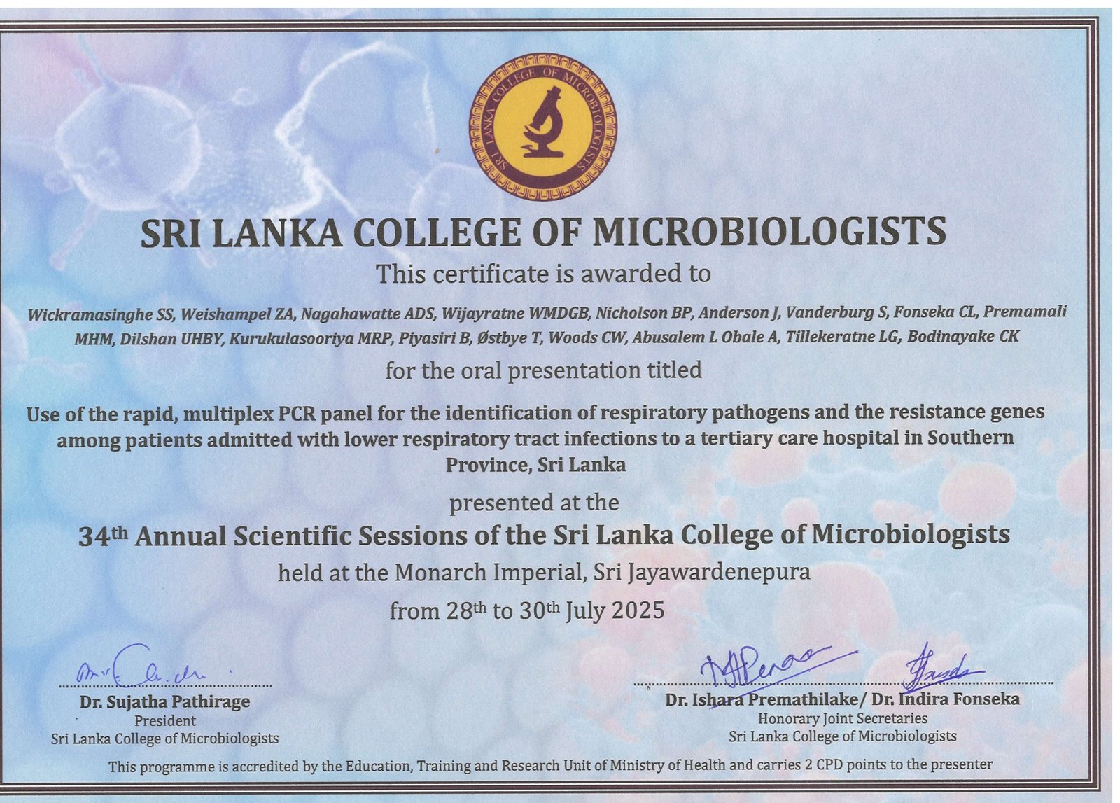 Dr. Subodha Wickramasinghe’s Presentation at the 34th Annual Scientific Sessions of the Sri Lanka College of Microbiologists