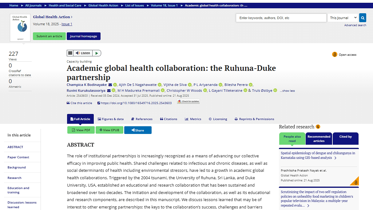 Duke–Ruhuna Collaborative Research Centre Publishes New Article on Two Decades of Global Health Partnership